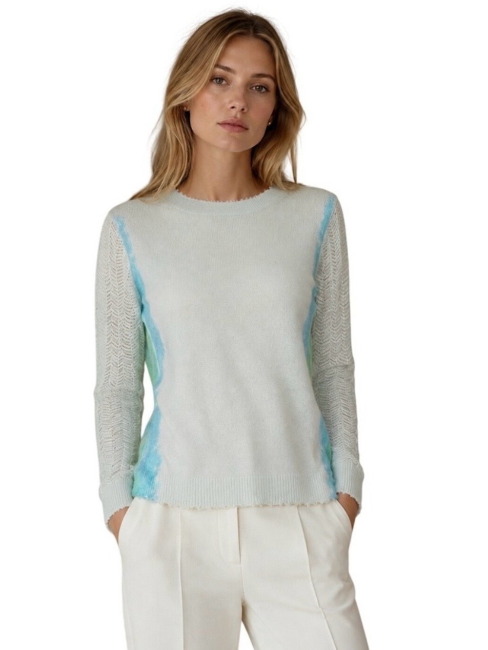 Lisa Todd 100% Cashmere Sweater Blue Green Ombre Pointelle Crewneck Chic Size XS